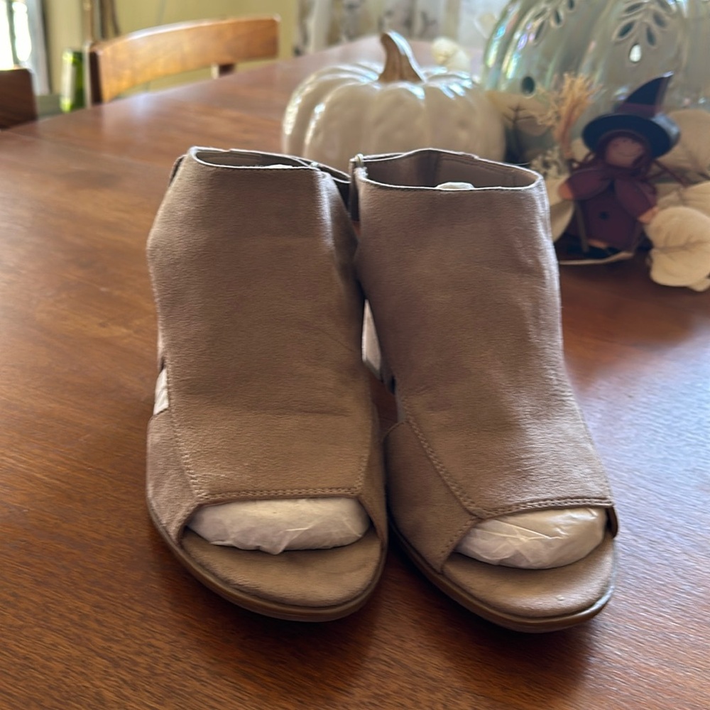 Only worn once! Open toe, suede three inch heel shoes - perfect for fall